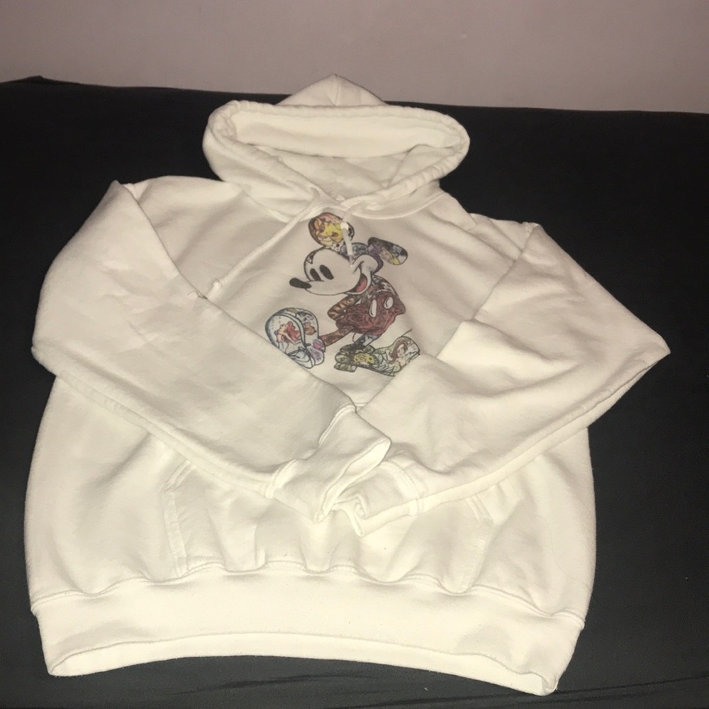 A white Mickey Mouse hoodie